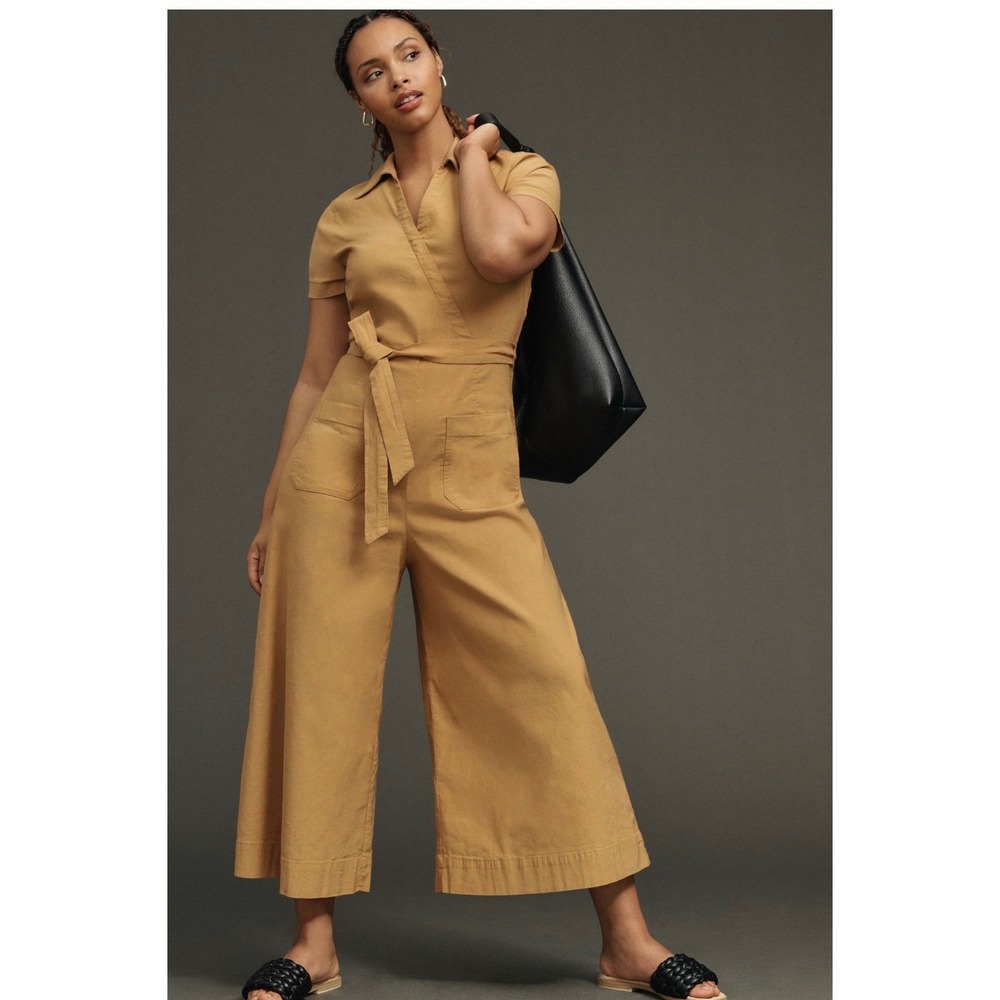 Maeve Anthropologie Faux-Wrap Short Sleeve Culotte Jumpsuit Mustard Gold 26W